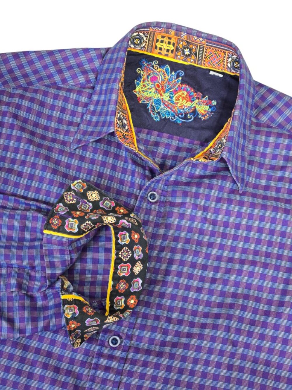 Robert Graham Purple Plaid Long Sleeve Shirt Silk Blend Trim Embroidered Skull M